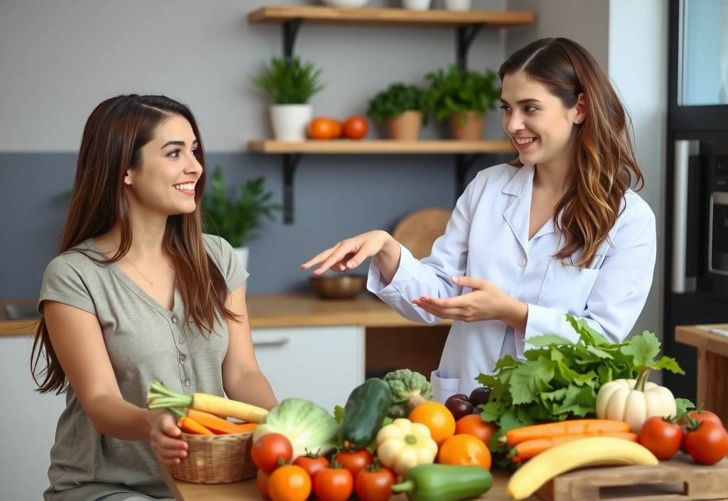 Dietetyczka rozmawiająca z klientką, wskazując na model zdrowej żywności, w tle świeże warzywa i owoce