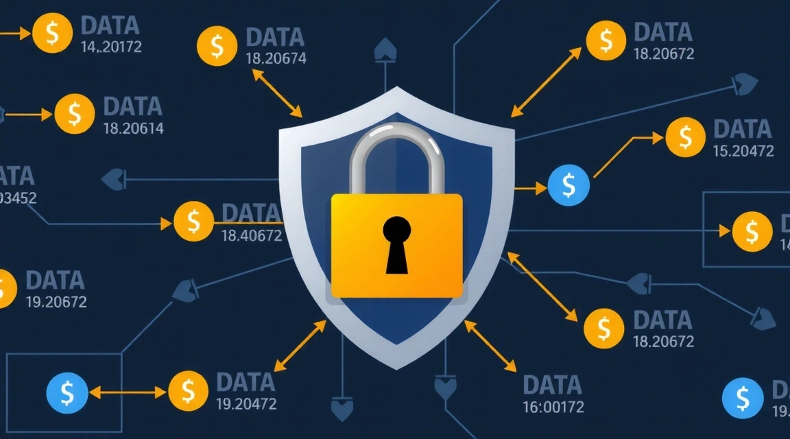 Ilustracja przedstawiająca bezpieczne przechowywanie danych z kłódką i tarczą